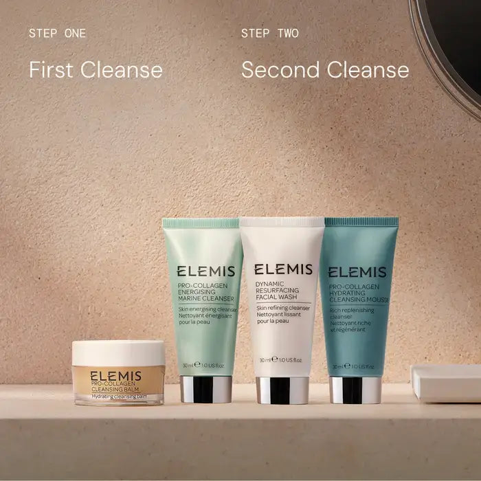 Elemis skincare products on a beige surface with a neutral background