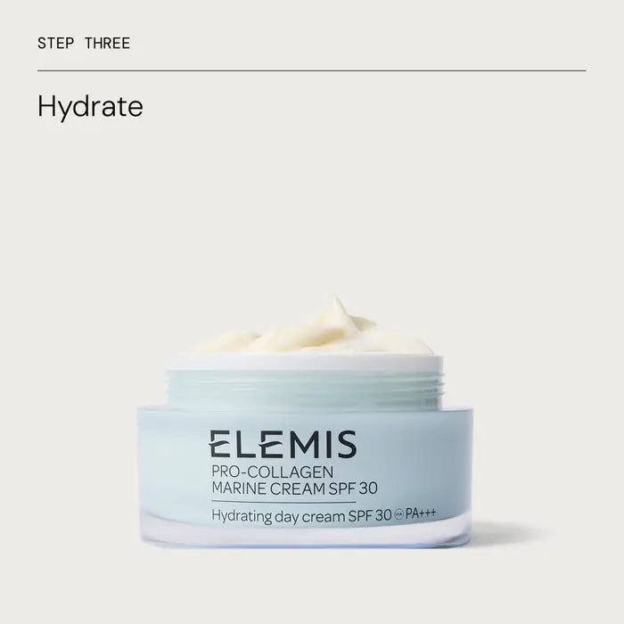 Elemis Pro-Collagen Marine Cream SPF 30 jar on a light gray background.