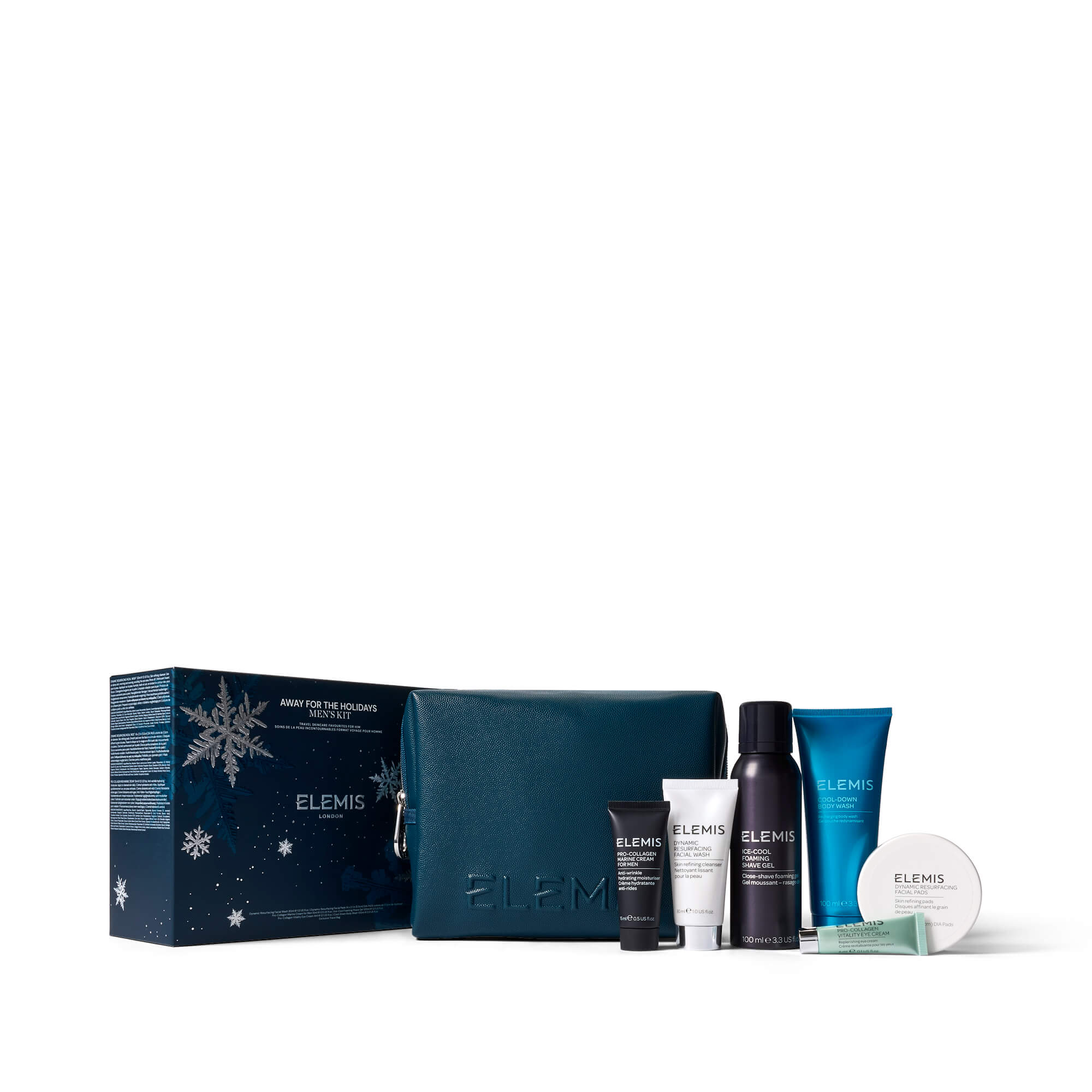 Elemis skincare product set with packaging on a white background