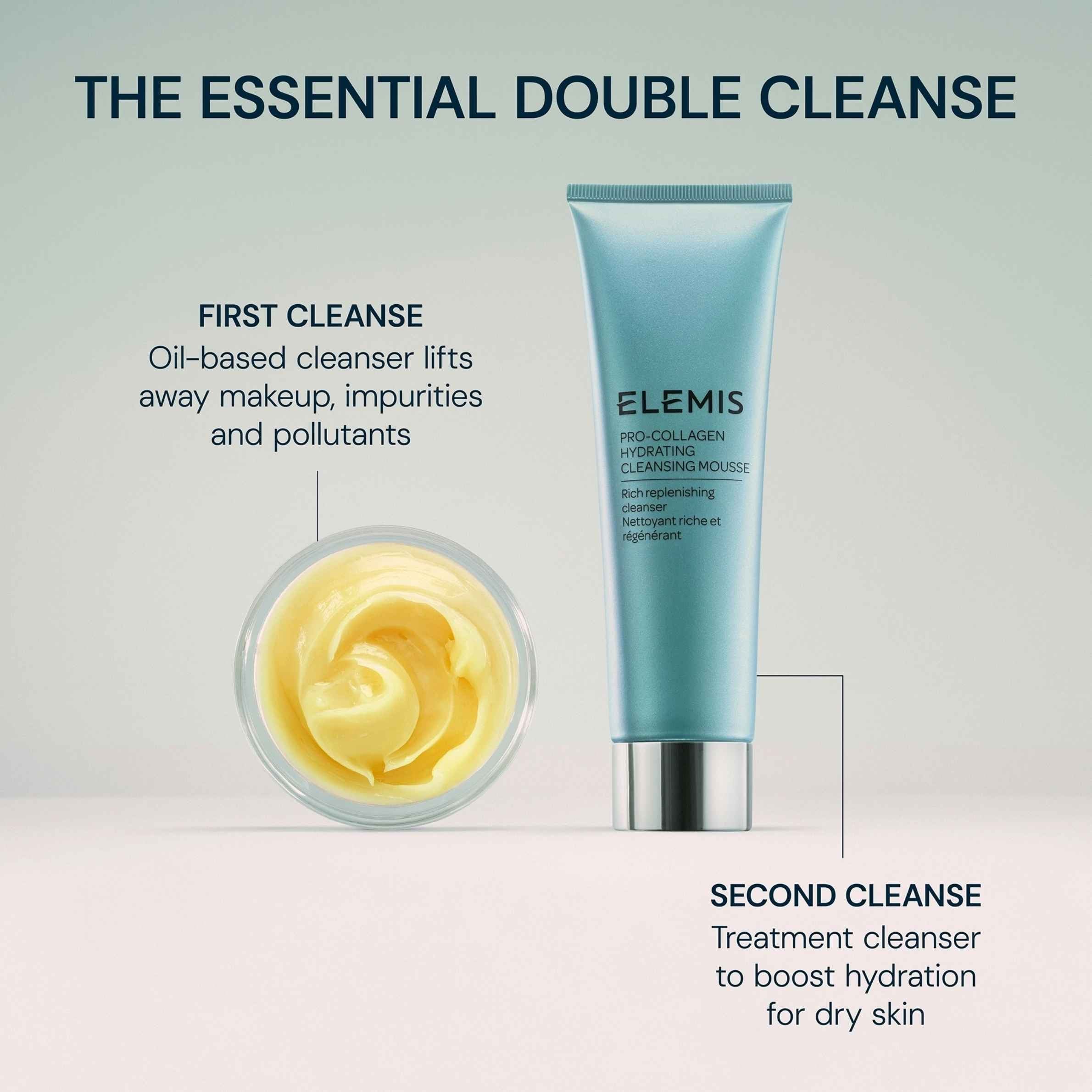 Elemis Hydrating Cleansing Mousse with text on the essential double cleanse process.