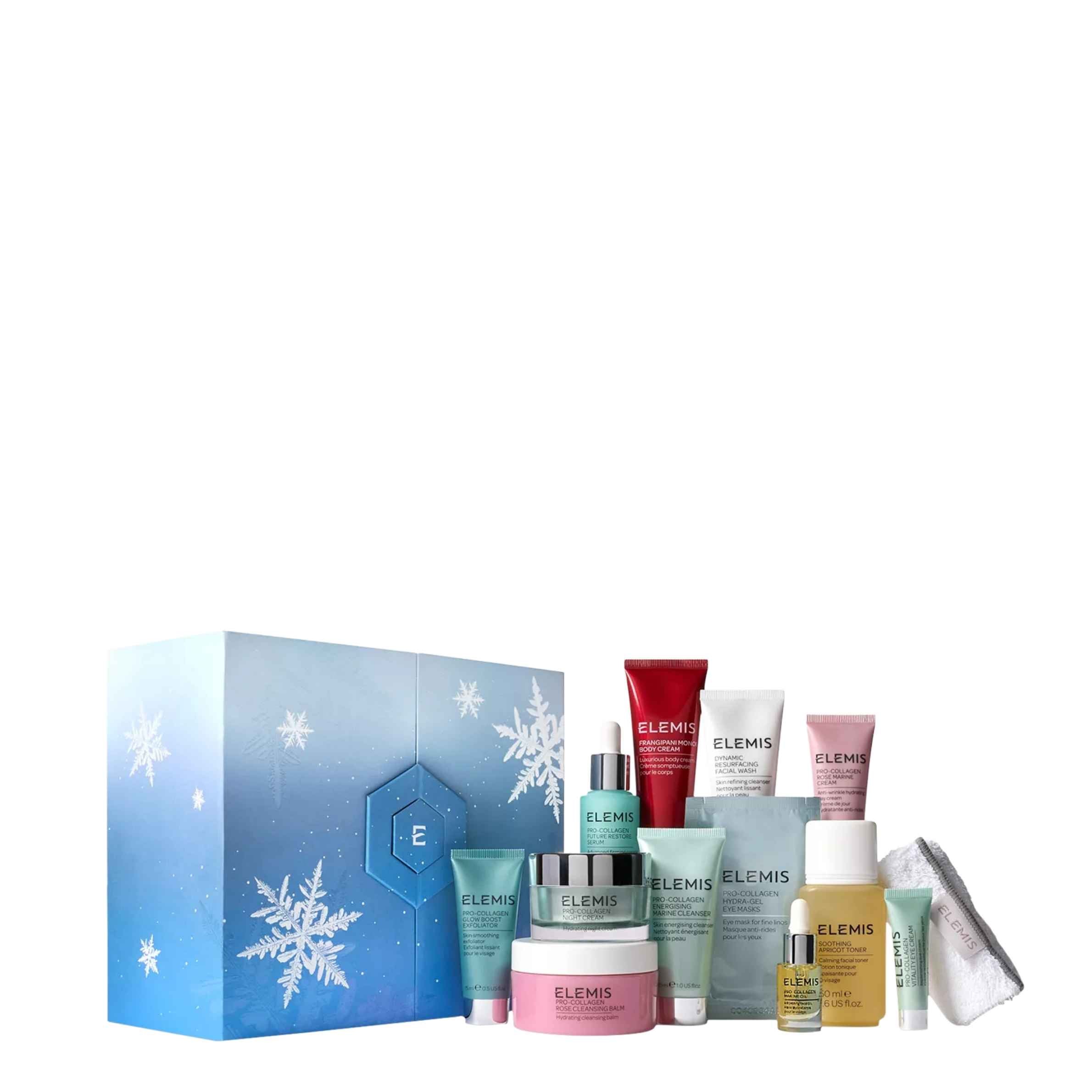 Set of Elemis skincare products with a blue snowflake-themed box on a white background
