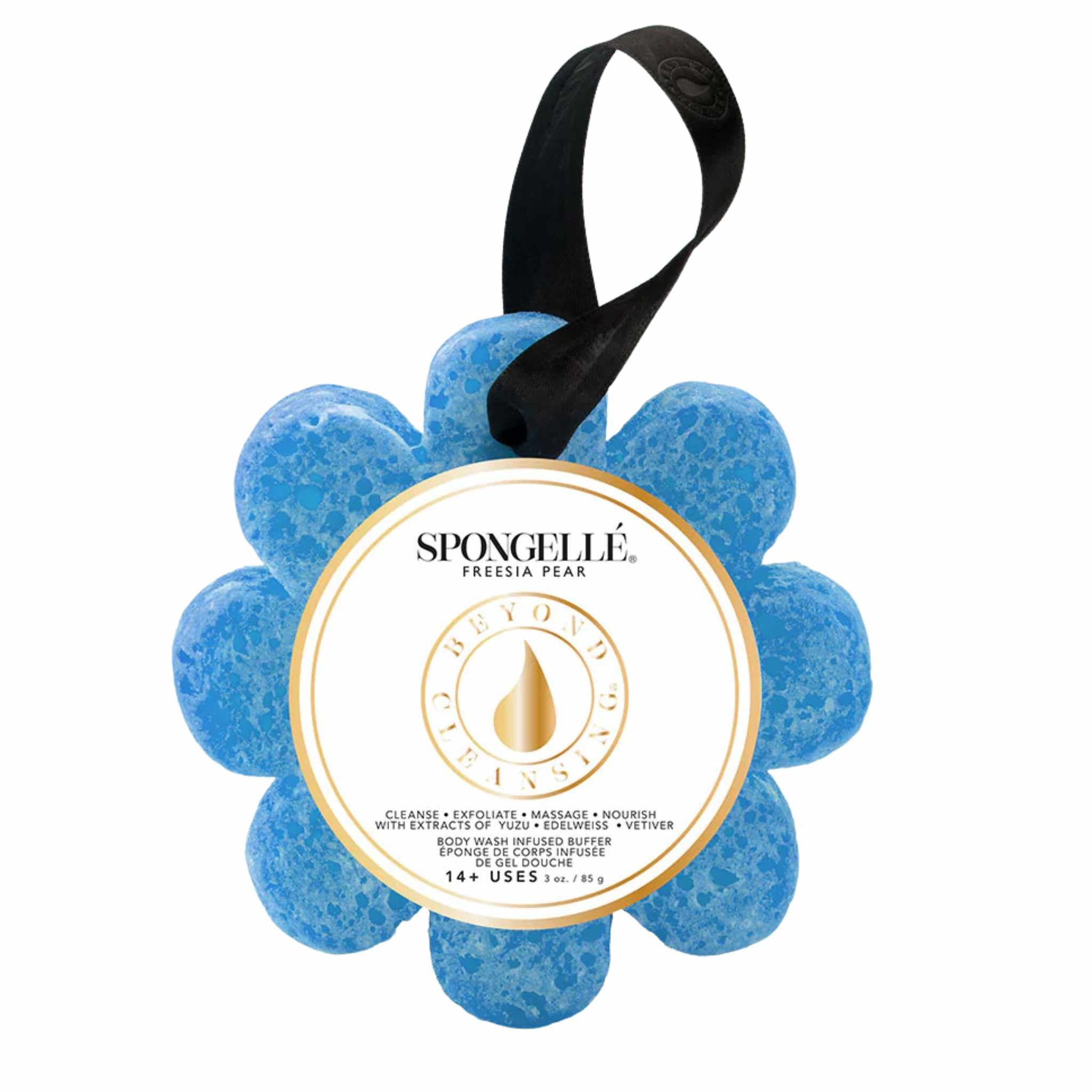 A blue floral-shaped bath sponge with a black hanging strap and a label in the center that reads &