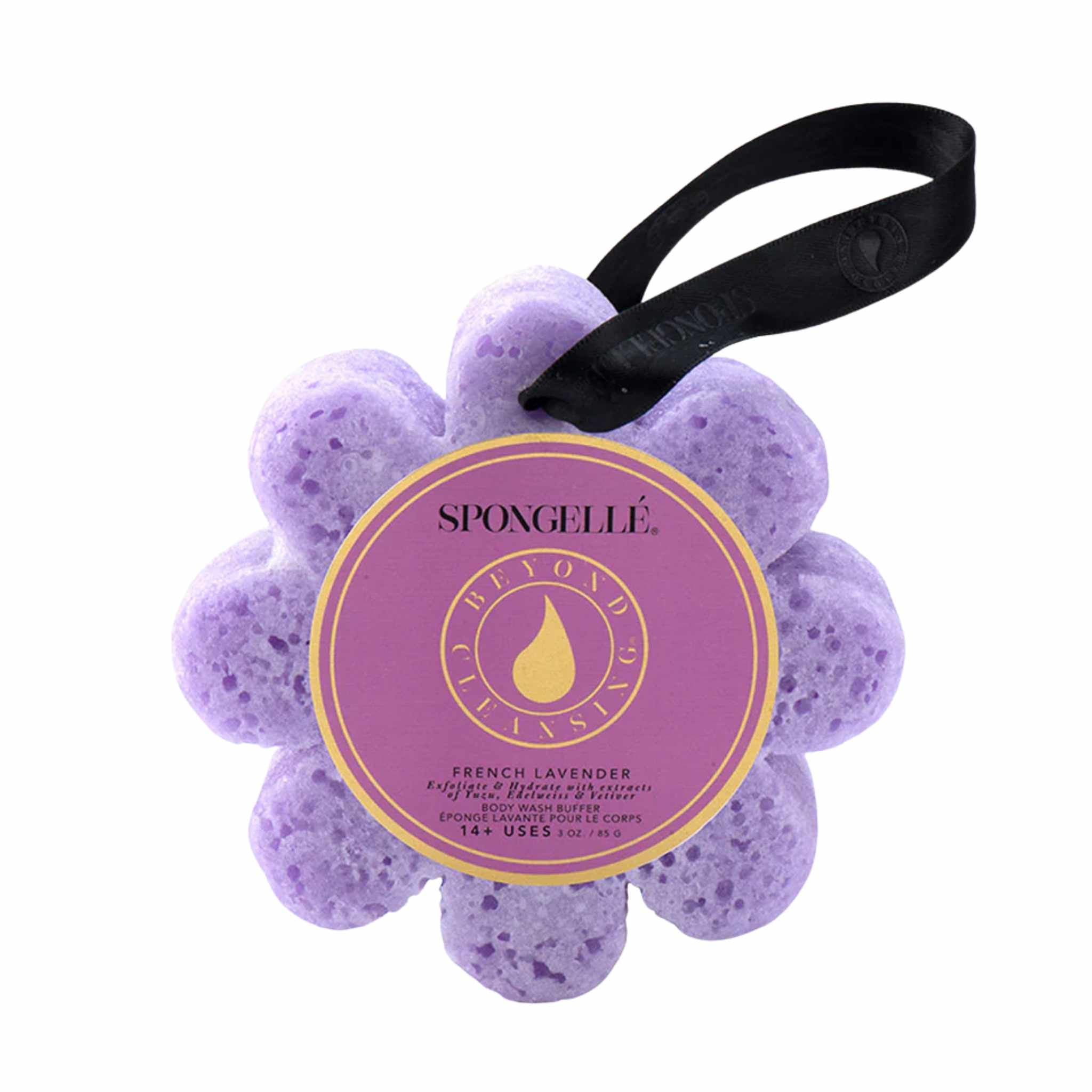 A flower-shaped bath sponge with a black hanging loop, infused with French lavender scent, against a white background.
