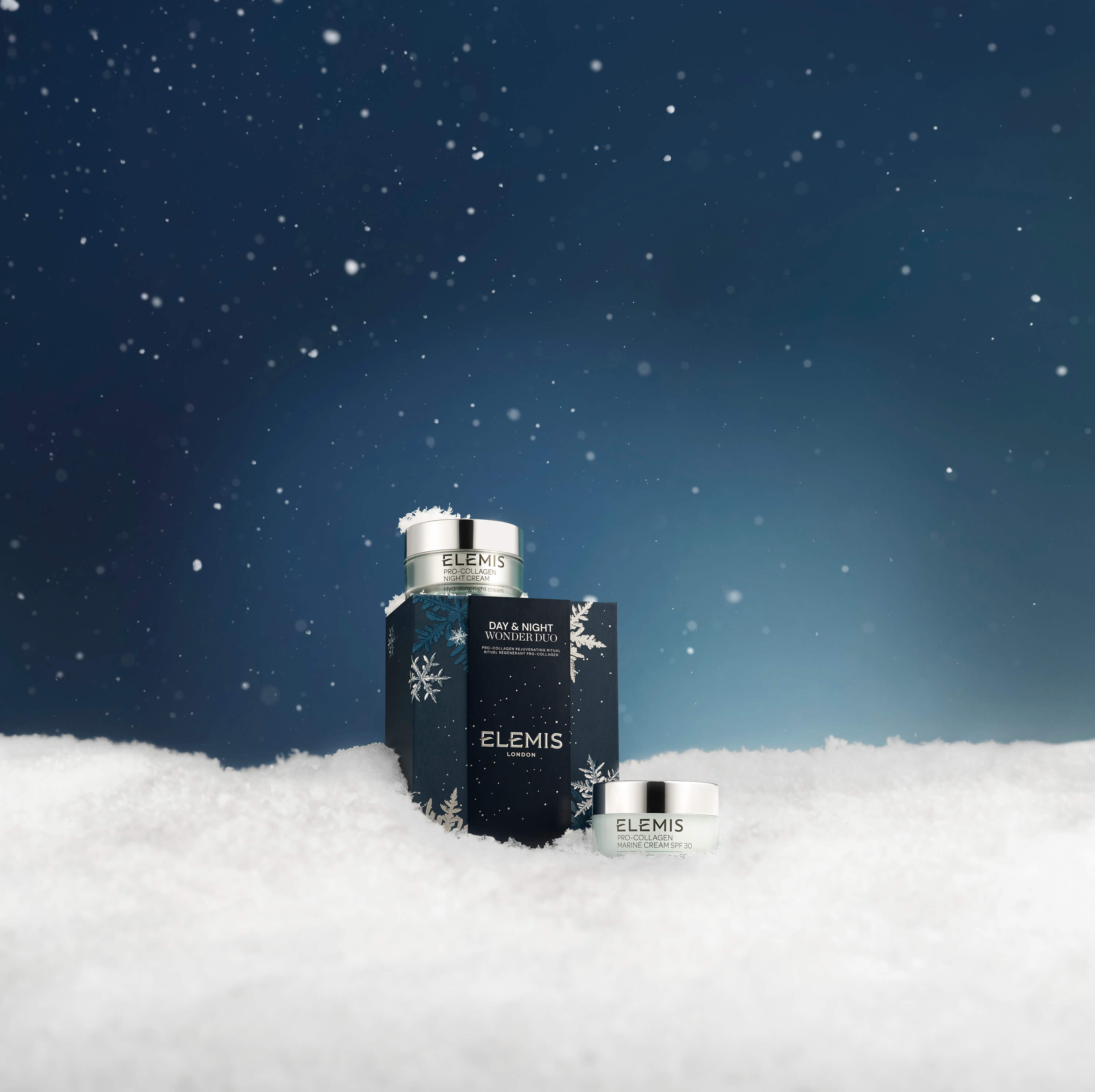 ELEMIS skincare products on a snowy background