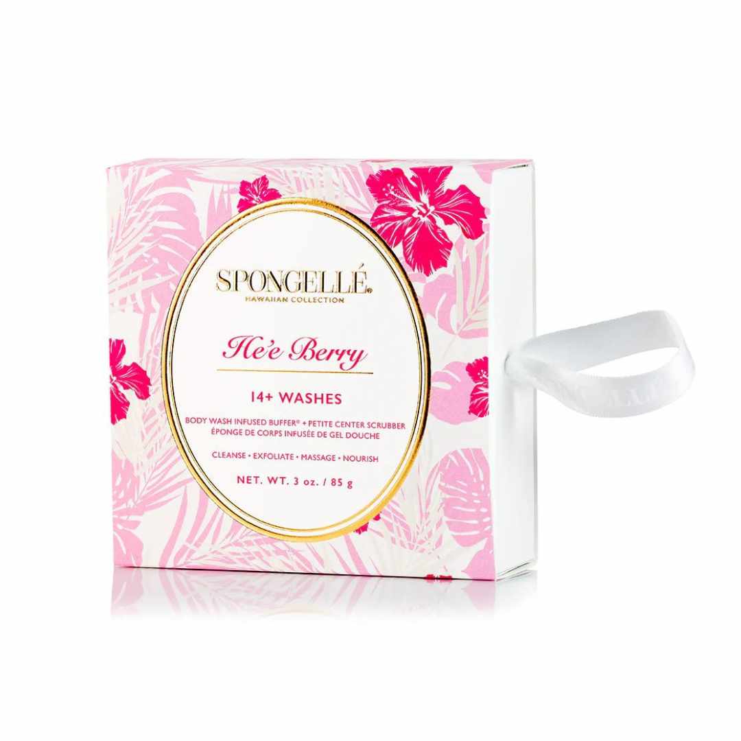 A pink and white box of Spongellé Hawaiian Collection body wash with &