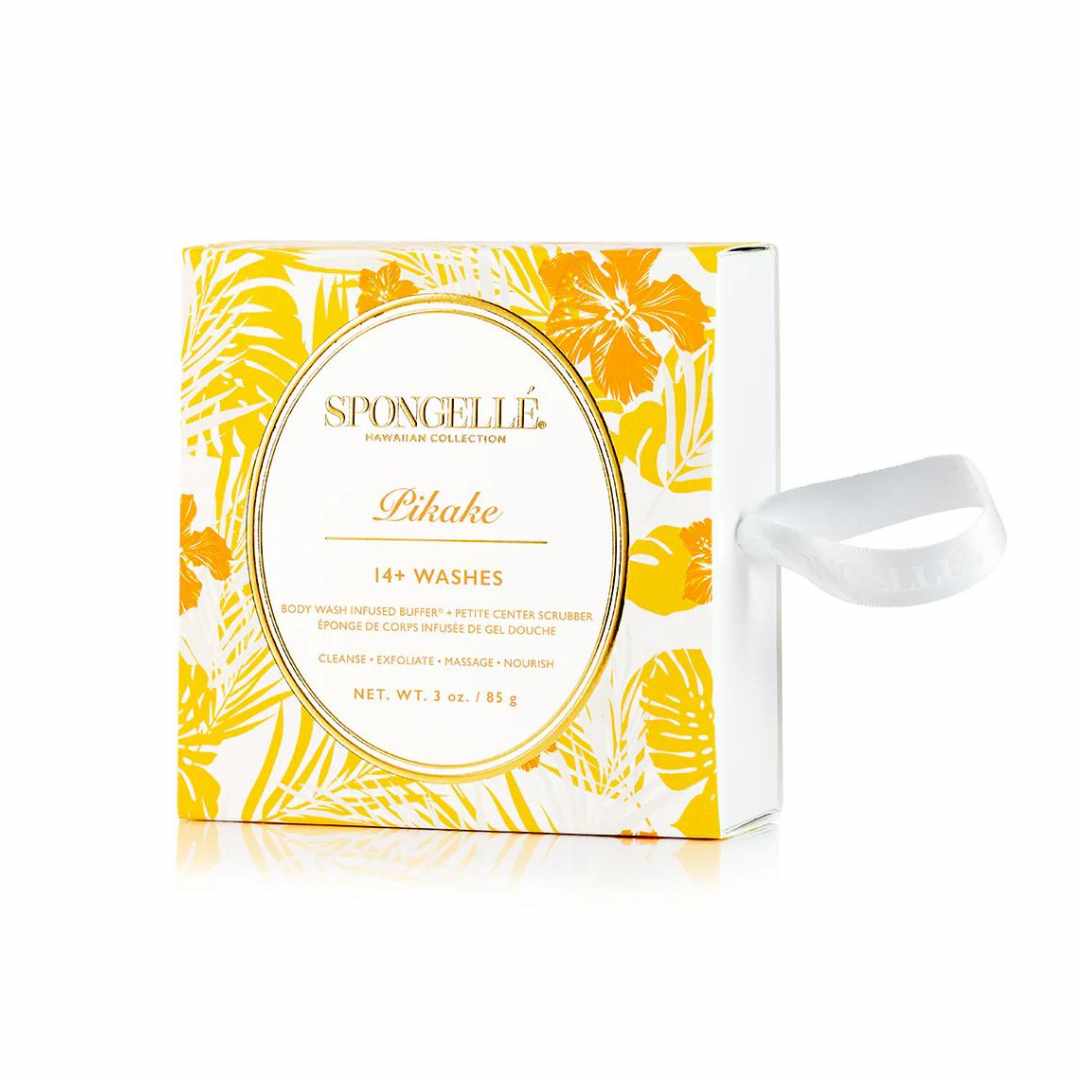 Pikake Spongelle box with yellow leaf design on white background