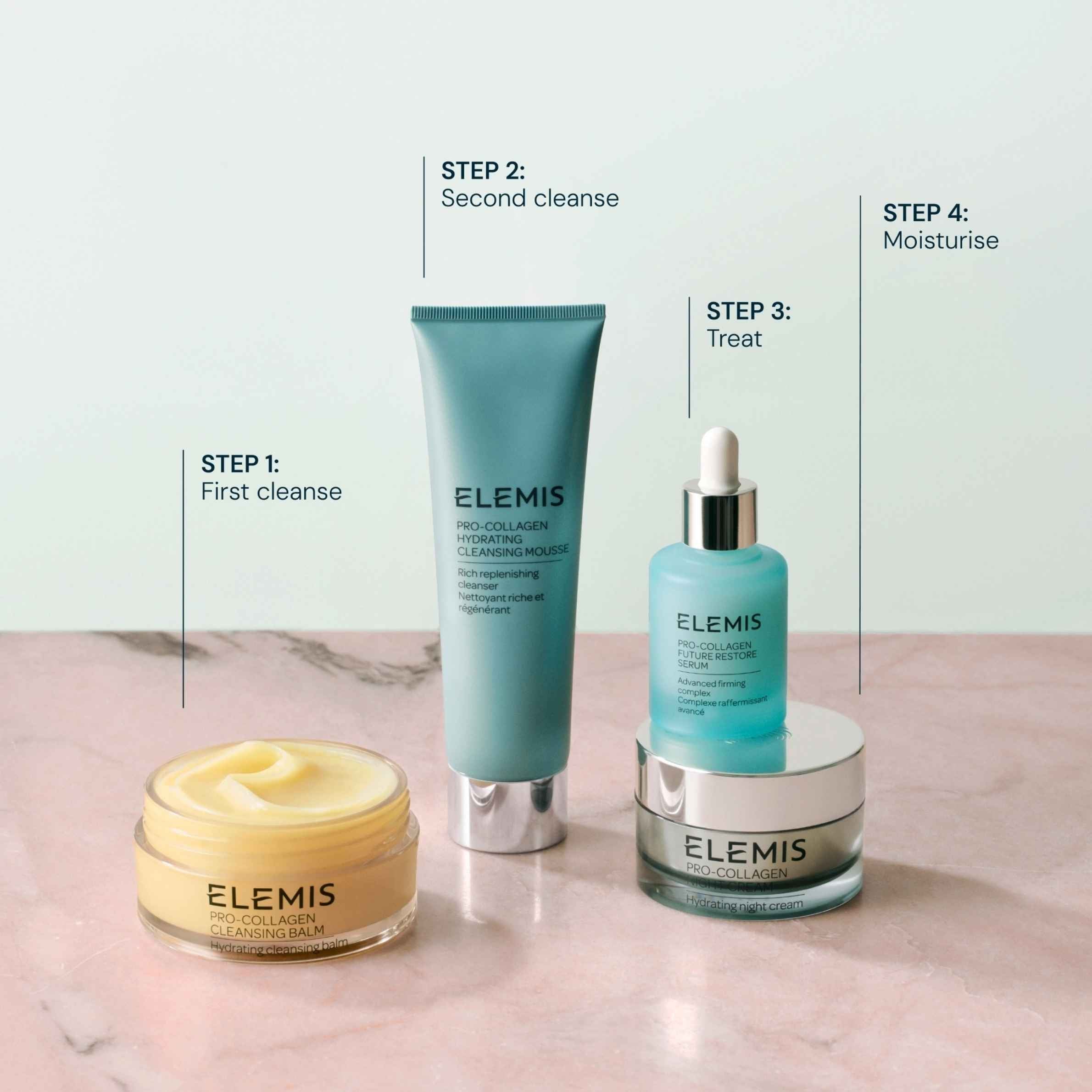 Elemis skincare products on a marble surface with step-by-step instructions.
