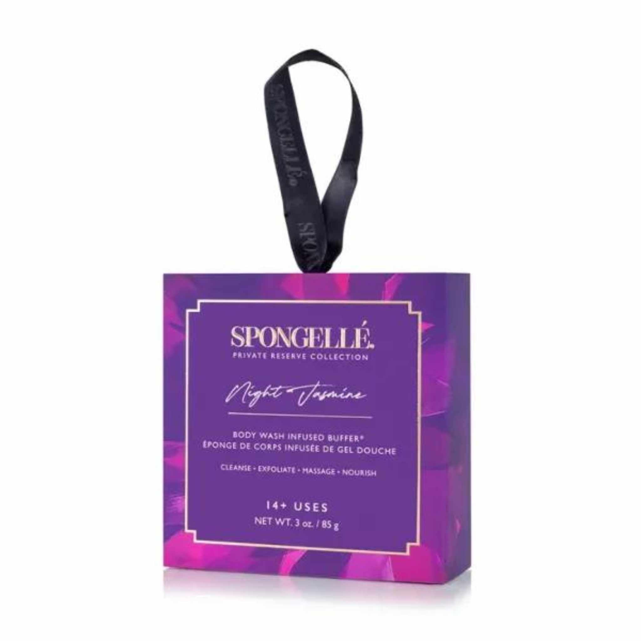 A box of Spongellé Private Reserve Collection body wash infused with Night Jasmine fragrance, featuring top notes of bergamot, glaced berries, jasmine, tuberose, creamy gardenia, vanilla bean, amber musk, and sandalwood. The packaging is primarily purple and black with text detailing the product use and scent.