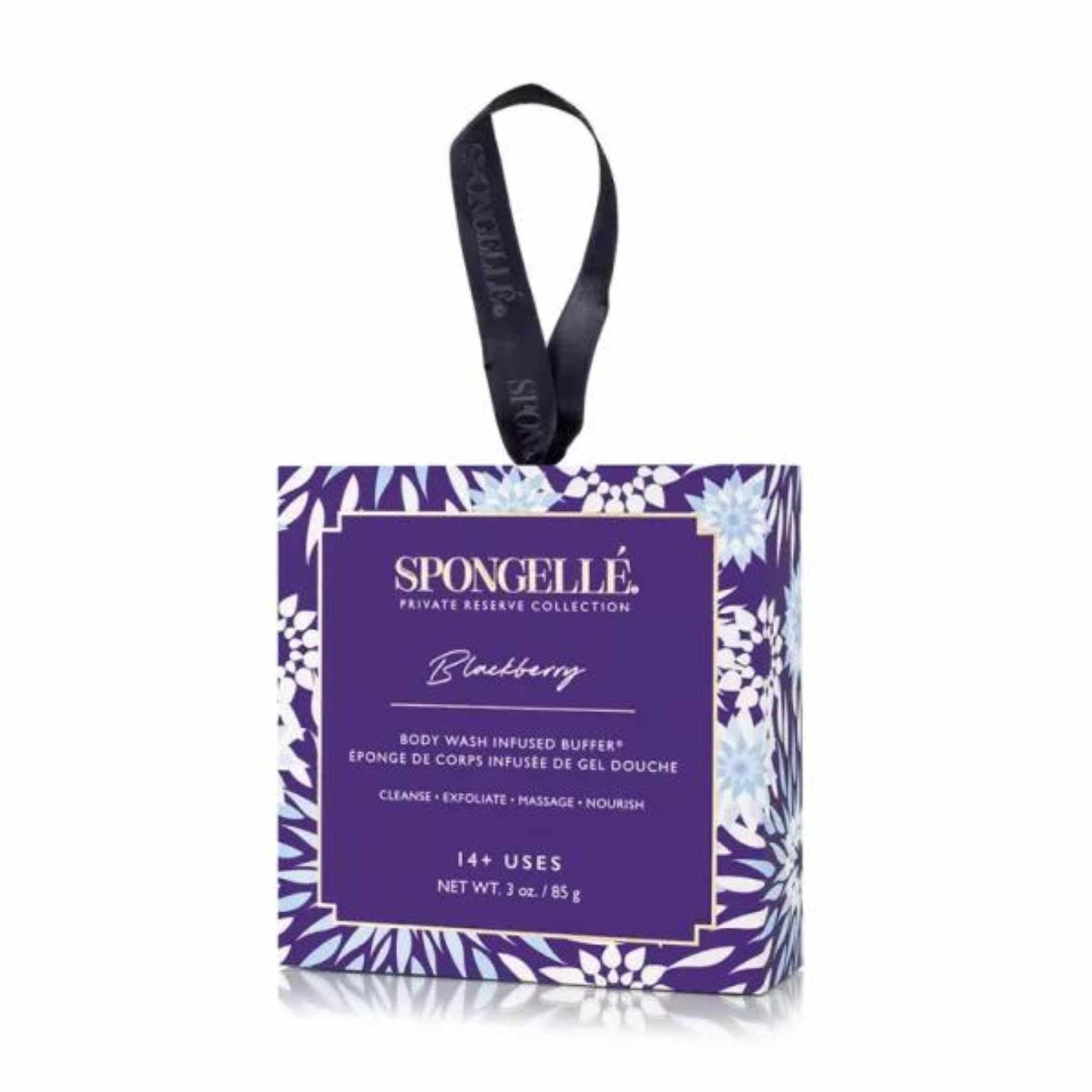 A packaged Spongellé Private Reserve Collection body wash buffer in Blackberry scent, with a purple and white floral design on the packaging.