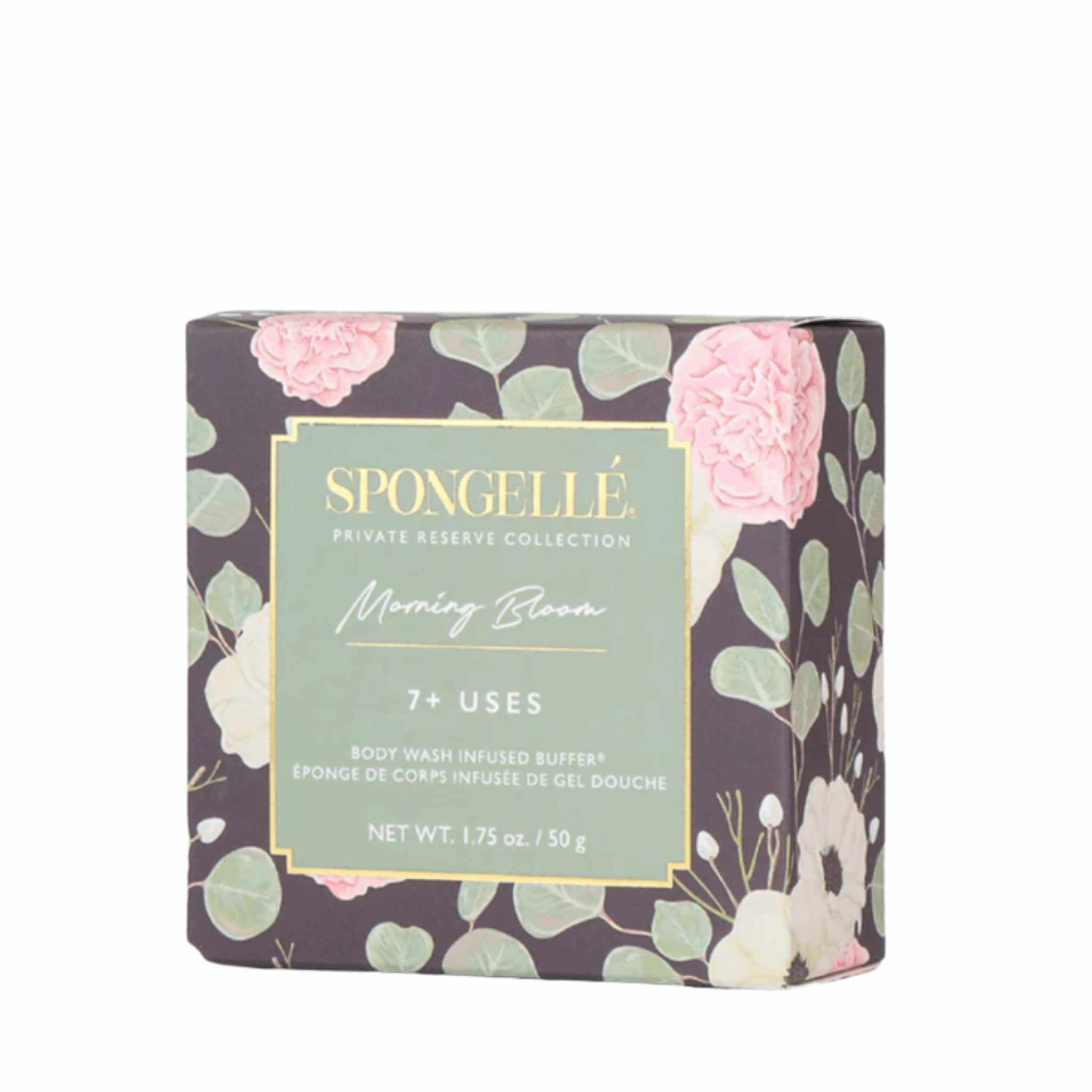 Packaging of Spongellé Private Reserve Collection body buffer with floral design and &