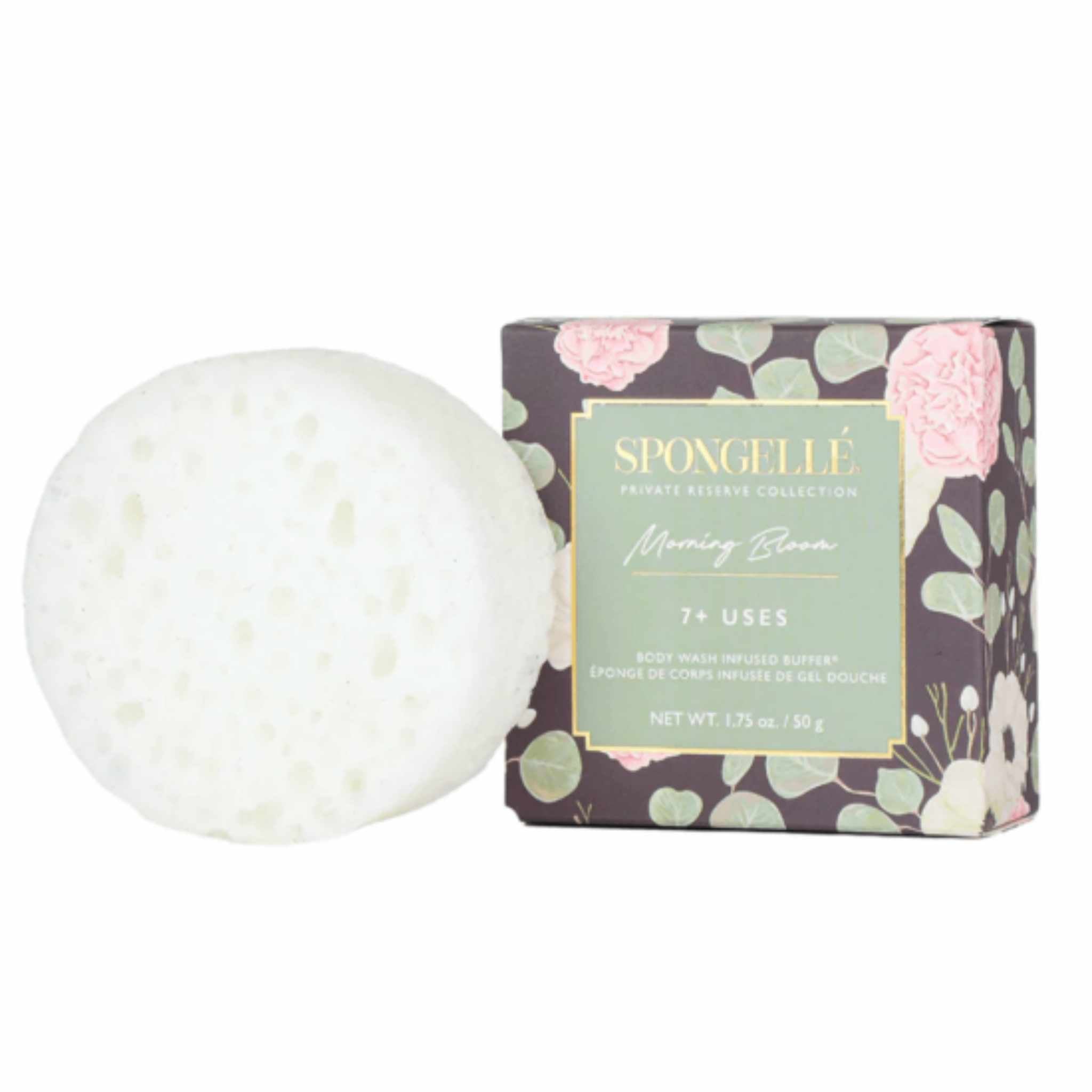 Circle shaped white sponge next to Spongelle box on white background