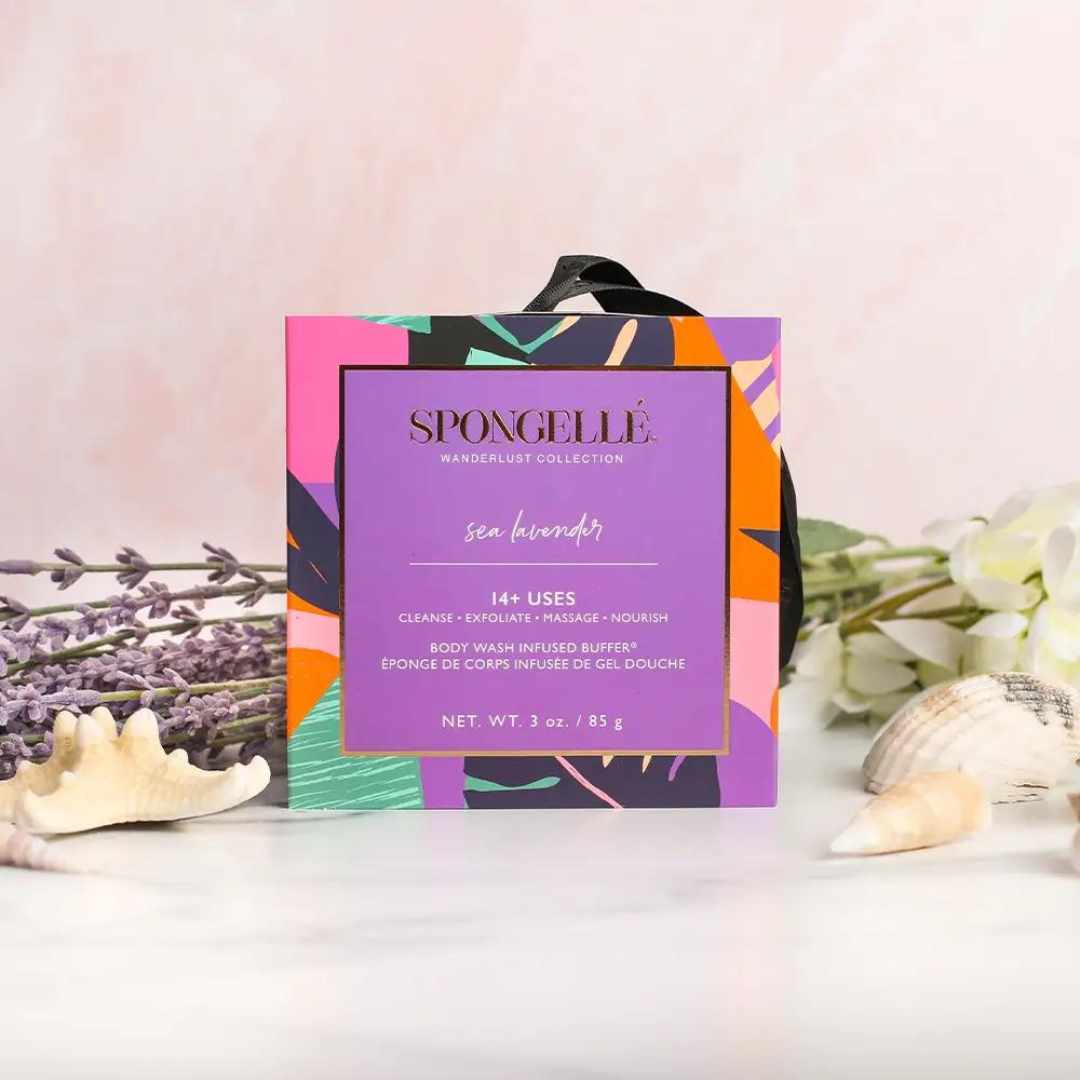 Sea Lavender Spongelle box with sea shells around it