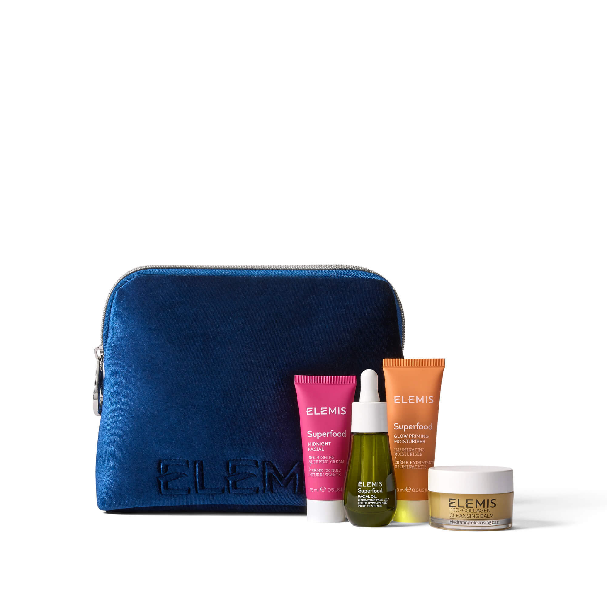 Blue Elemis pouch with skincare products on a white background