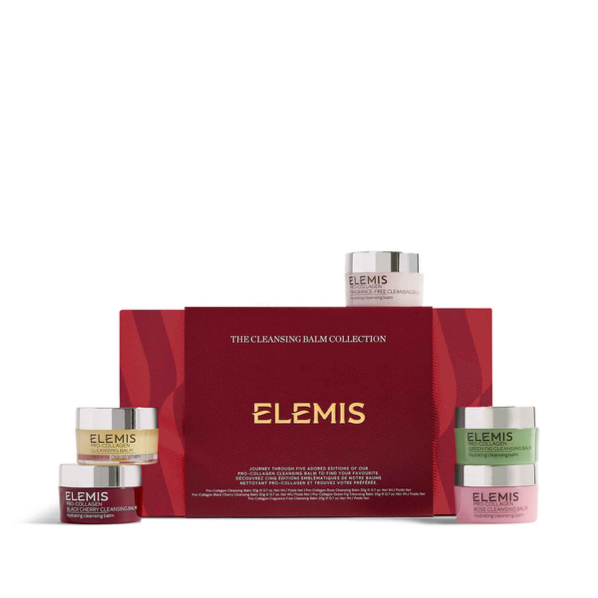 Elemis The Cleansing Balm Collection gift set featuring a large red box in the center with four balm jars arranged around it on a white background.