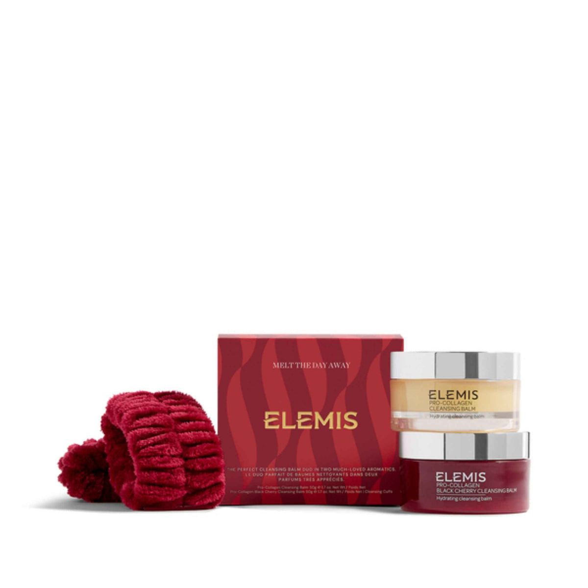 ELEMIS Melting Day Away gift set featuring a red textured towel, a red product box, and a jar of Clearance Treatment cream with a silver lid, on a white background.