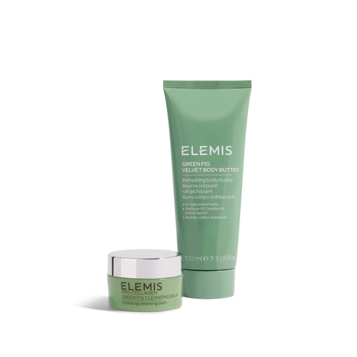Elemis Green Fig Velvet Body Butter and Green Fig Cleansing Balm set, featuring a tall mint green body butter tube and a matching small jar with a silver lid, on a white background.