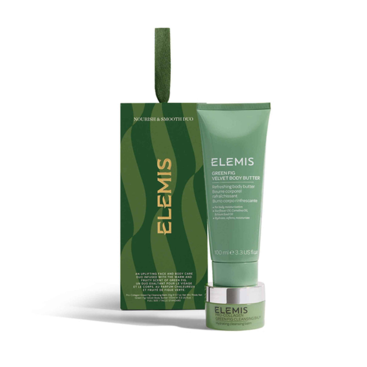 Elemis Greenfig Velvet Body Butter in a sage green squeeze tube with a matching green cap, displayed next to its dark green and gold outer packaging box on a clean white background.
