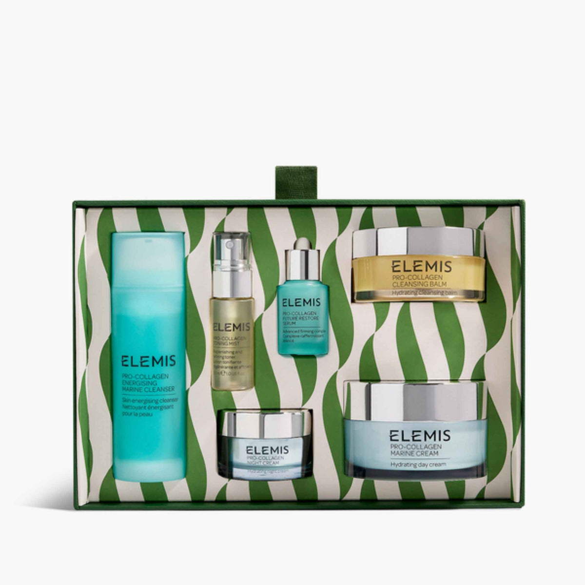 Elemis The Collagen Reviver gift set in a green and white zebra-patterned box, containing a large turquoise cleansing bottle, a small gold-toned serum bottle, a turquoise toner bottle, a gold-toned cream jar, a small silver-toned cream jar, and a large turquoise cream jar.
