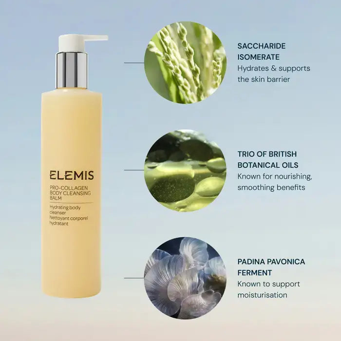 Elemis skincare product with botanical images and text on a light blue background