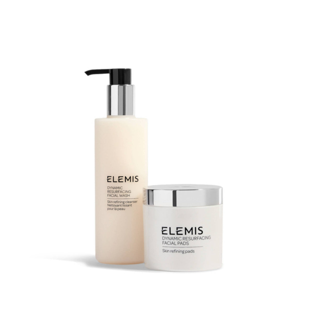 ELEMIS Organic Rebirth Facial Wash and Skin Refining Pads set, featuring a beige pump bottle with a black cap and a white jar with a silver lid, on a white background.