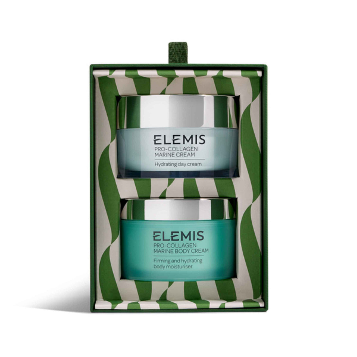 Elemis Pro-Collagen Marine Cream and Body Cream gift set in a green and white patterned box, shown on a clean white background.