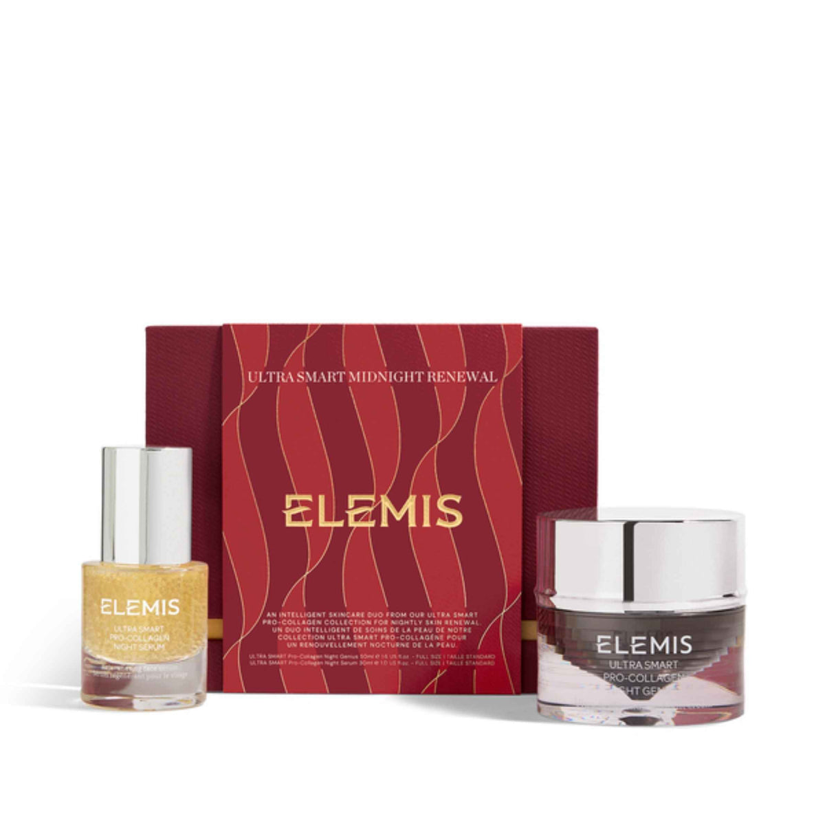 Elemis Ultra-Smart Midnight Renewal gift set featuring a red patterned box, a bottle of golden serum, and a jar of collagen serum on a white background.