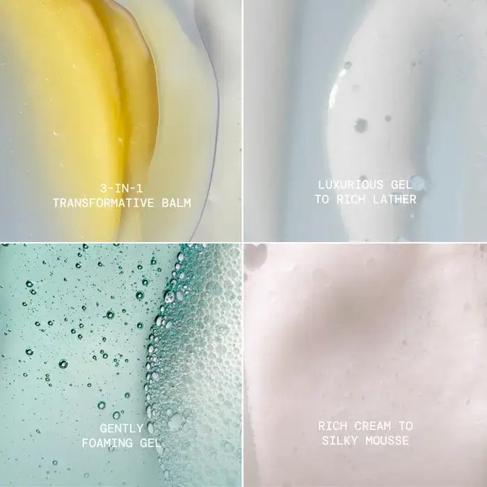 Product transformation stages from balm to mousse with labeled phases.