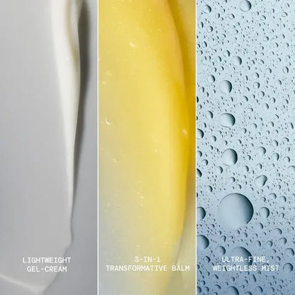 Three different textures of skincare products labeled &