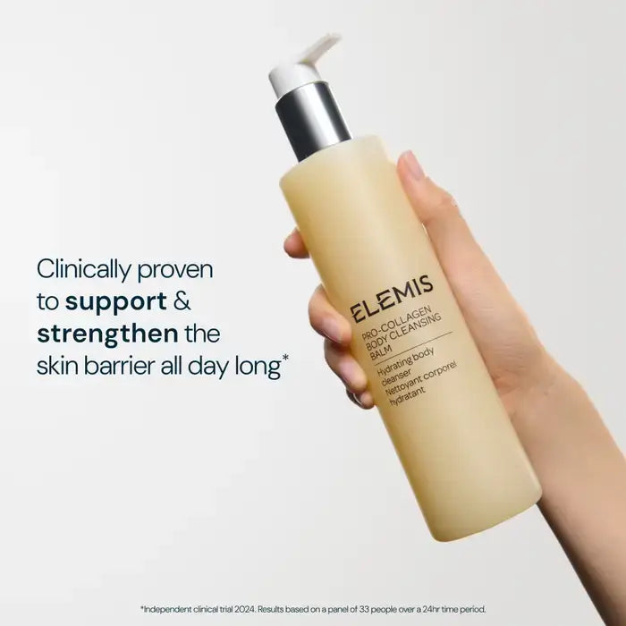 Hand holding a bottle of Elemis product with text about skin barrier support on a white background