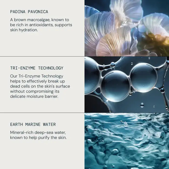 Product features with text and images of algae, bubbles, and water.