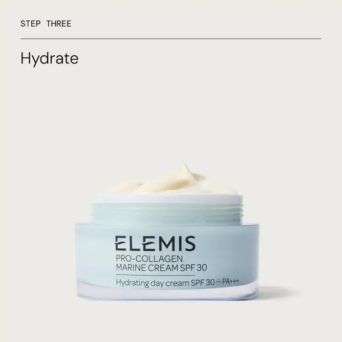 Elemis Pro-Collagen Marine Cream SPF 30 jar on a light gray background