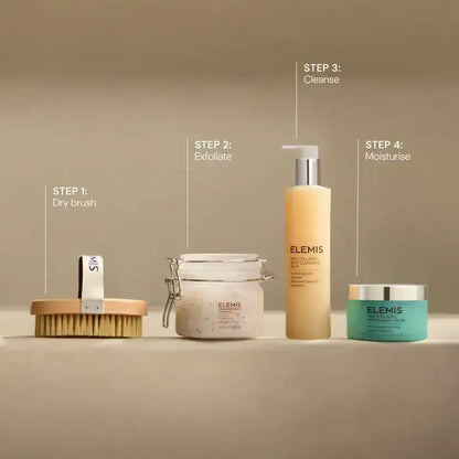 Elemis skincare products with step-by-step instructions on a neutral background