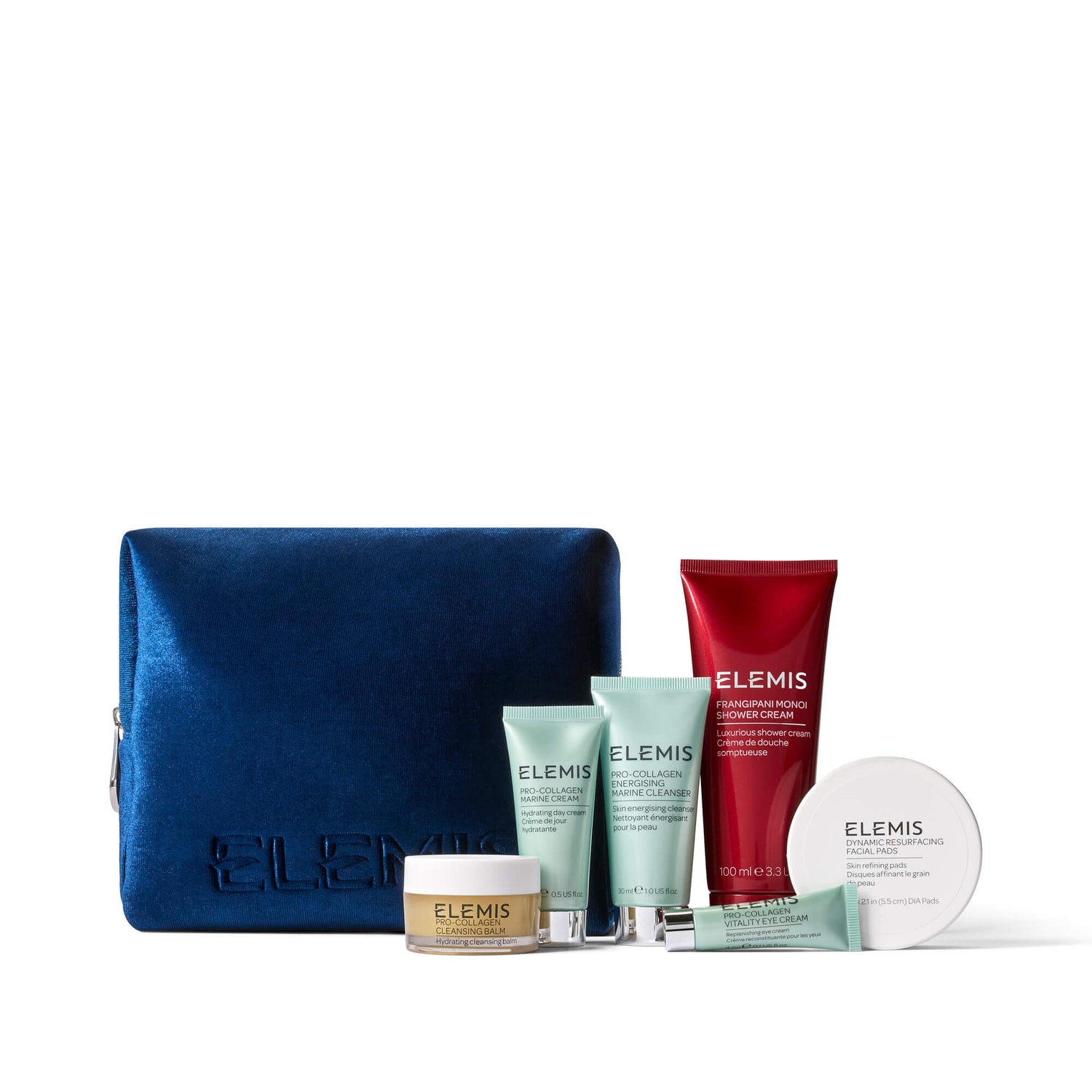 ELEMIS skincare products including a blue pouch on a white background