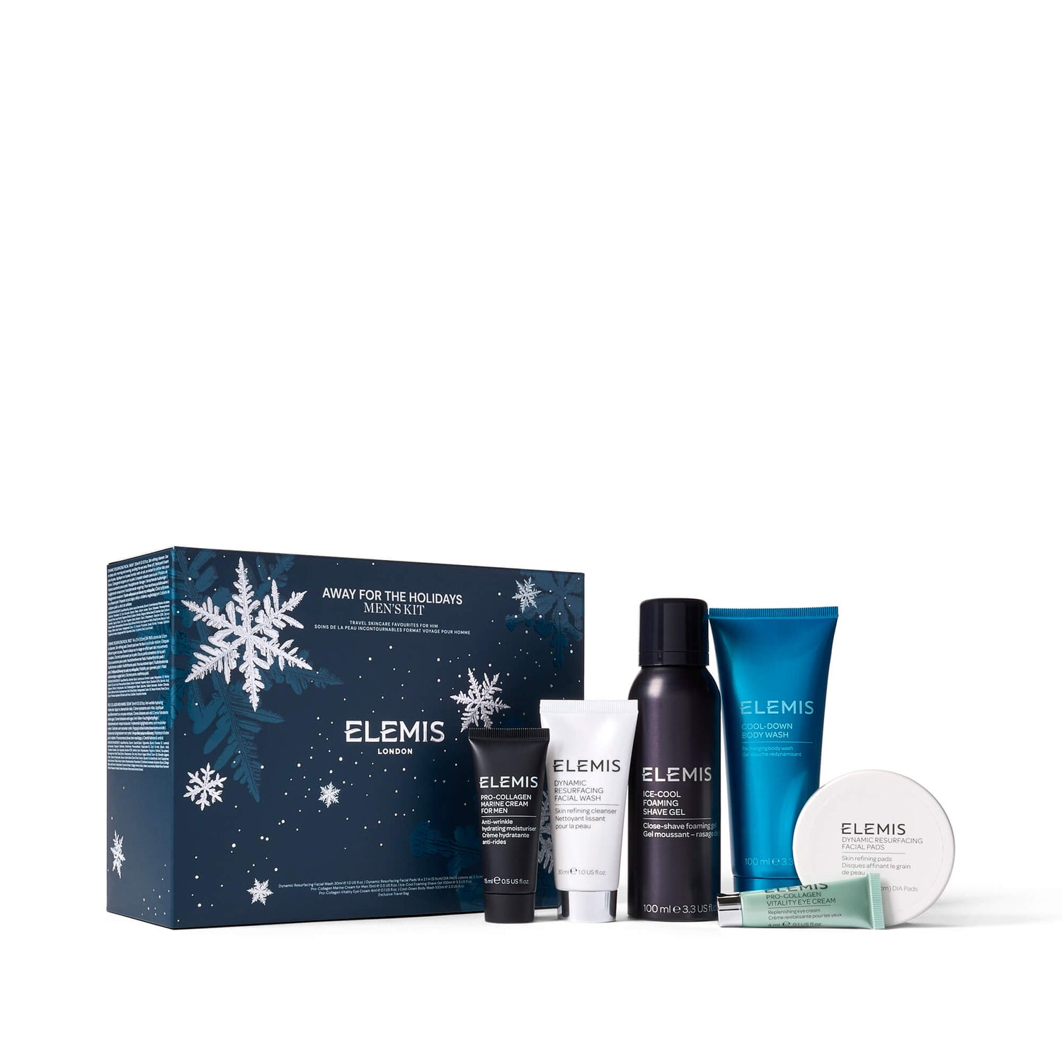 Elemis skincare product set with packaging on a white background