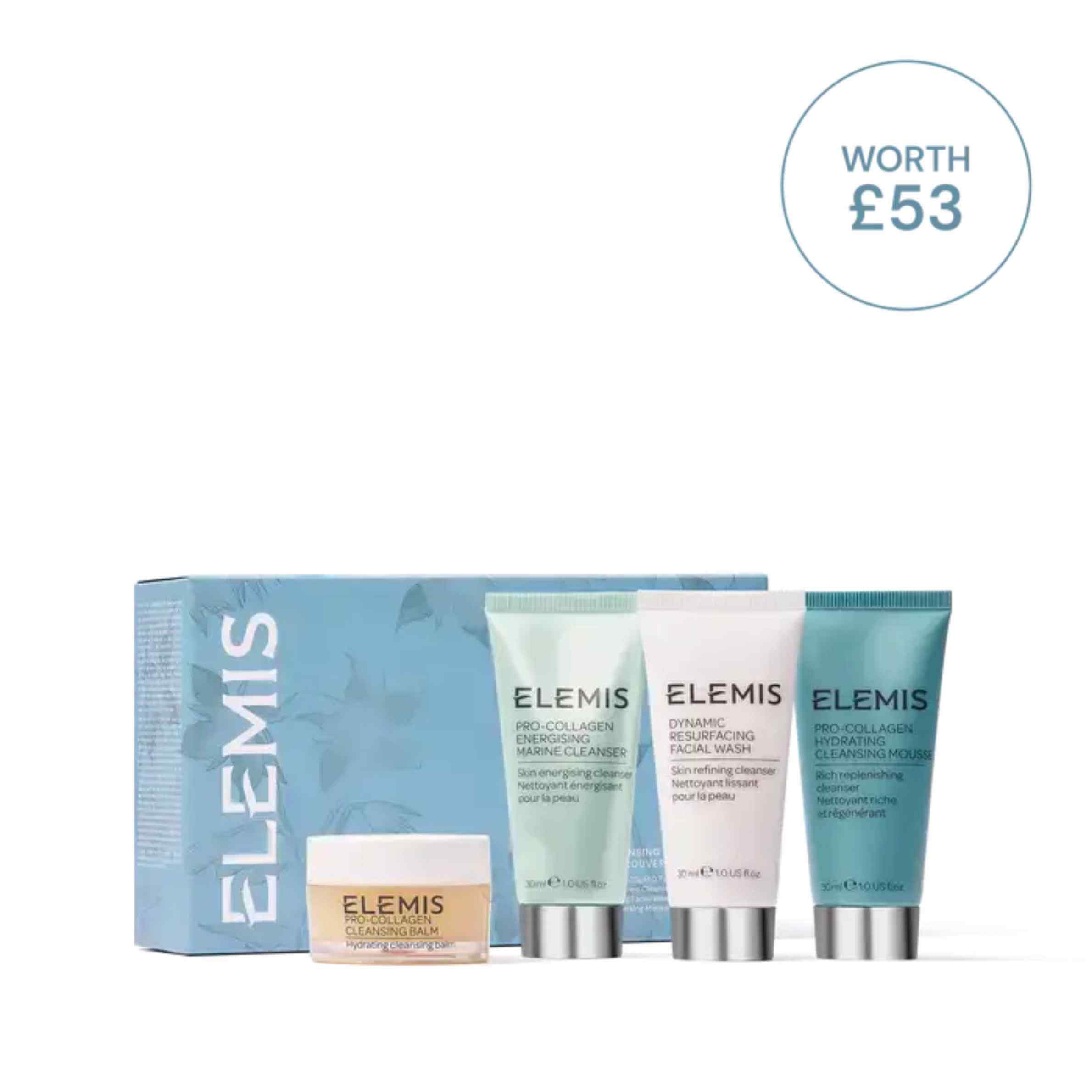 Elemis skincare set with four products on a white background