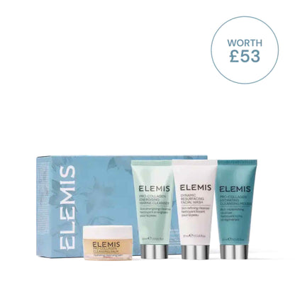 Elemis skincare set with four products on a white background