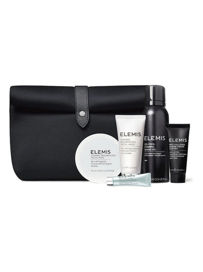 Elemis skincare products including a black pouch on a white background