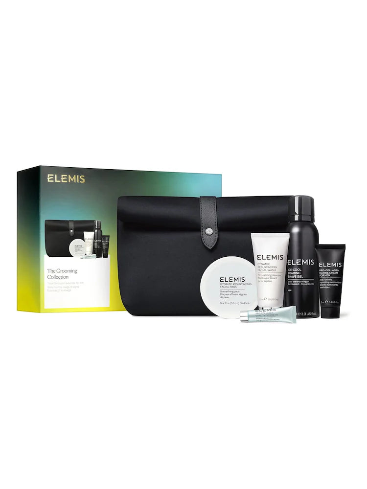 Elemis skincare collection with black bag and products on a white background
