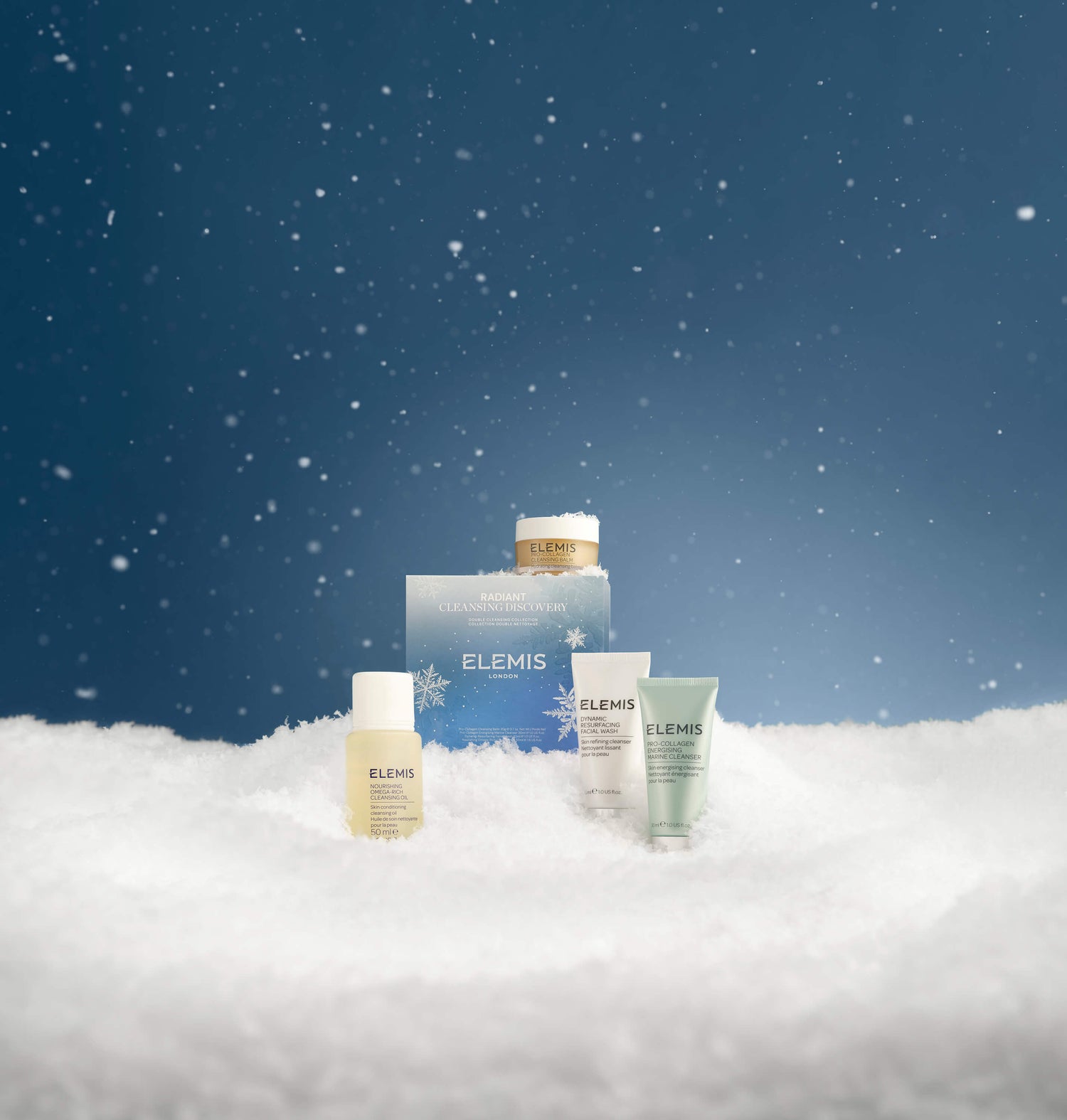 Elemis skincare products on a snowy background