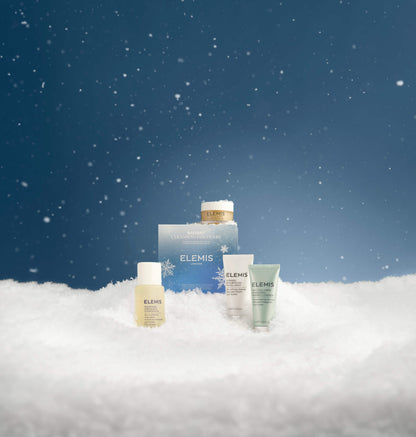 Elemis skincare products on a snowy background