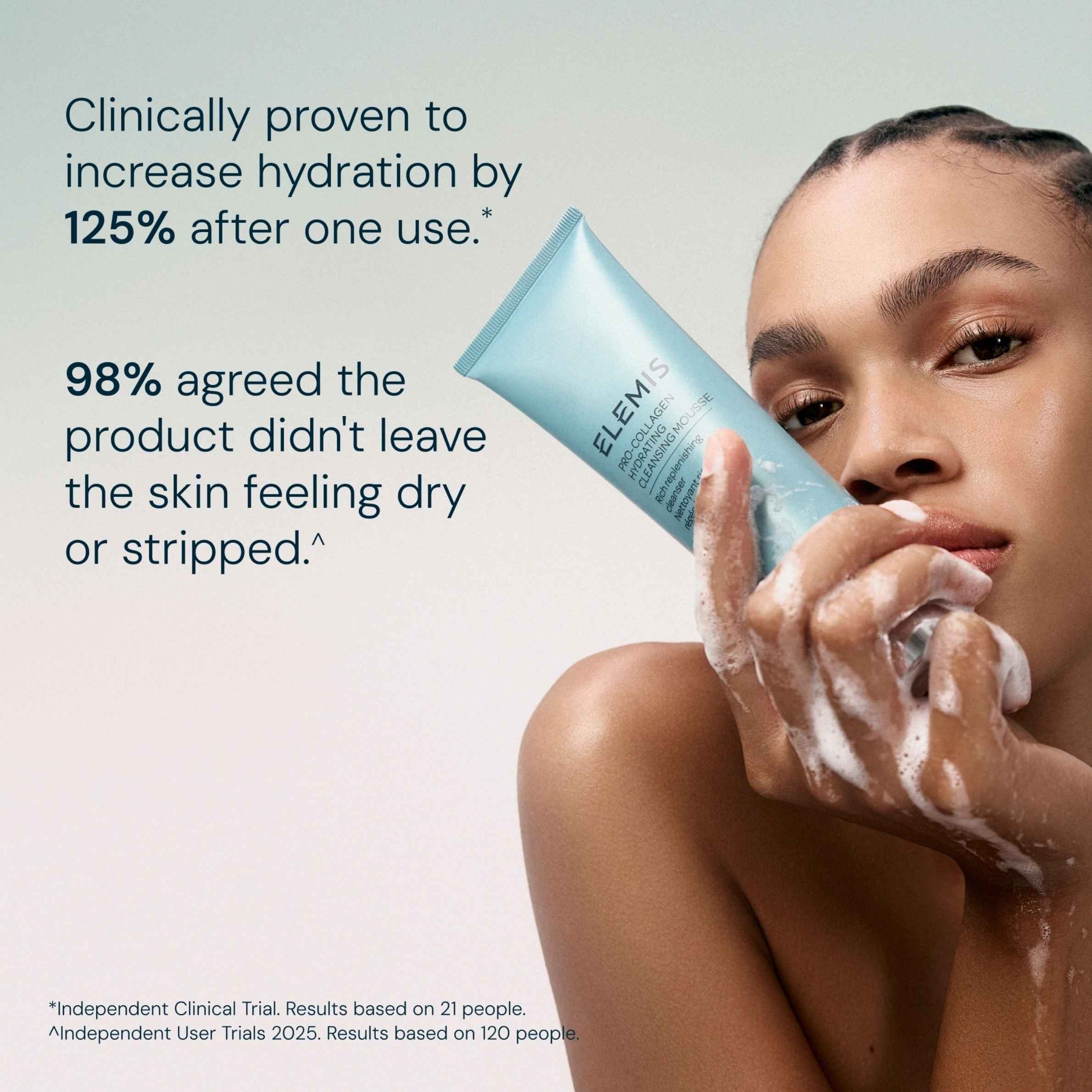 Woman applying Elemis Hydrating Cleansing Mousse with text about hydration benefits on a light gray background