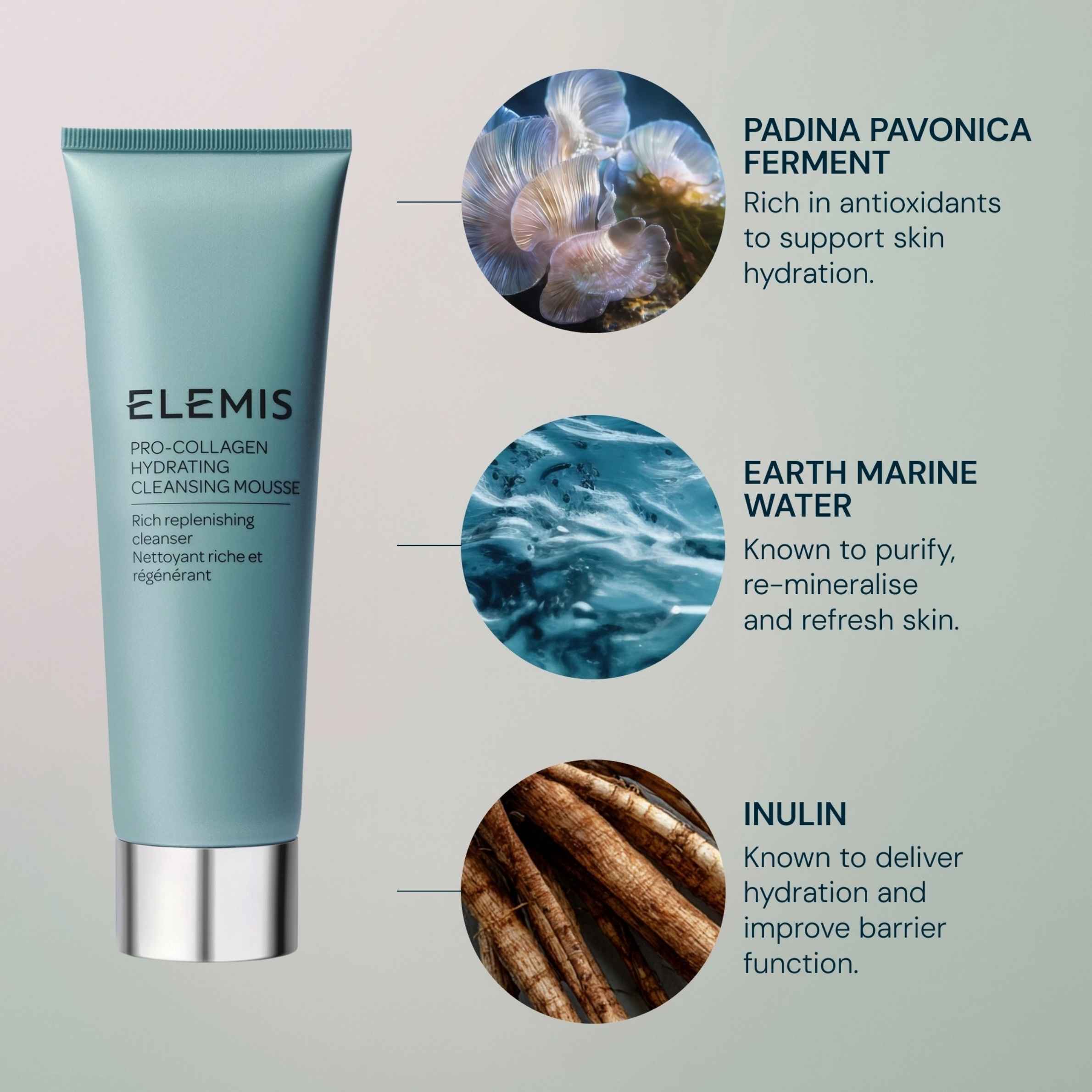 Elemis Hydrating Cleansing Mousse with images of Padina Pavonica ferment, Earth Marine Water, and Inulin on a light gray background.