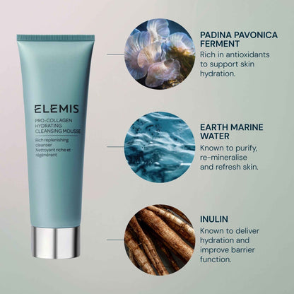 Elemis Hydrating Cleansing Mousse with images of Padina Pavonica ferment, Earth Marine Water, and Inulin on a light gray background.