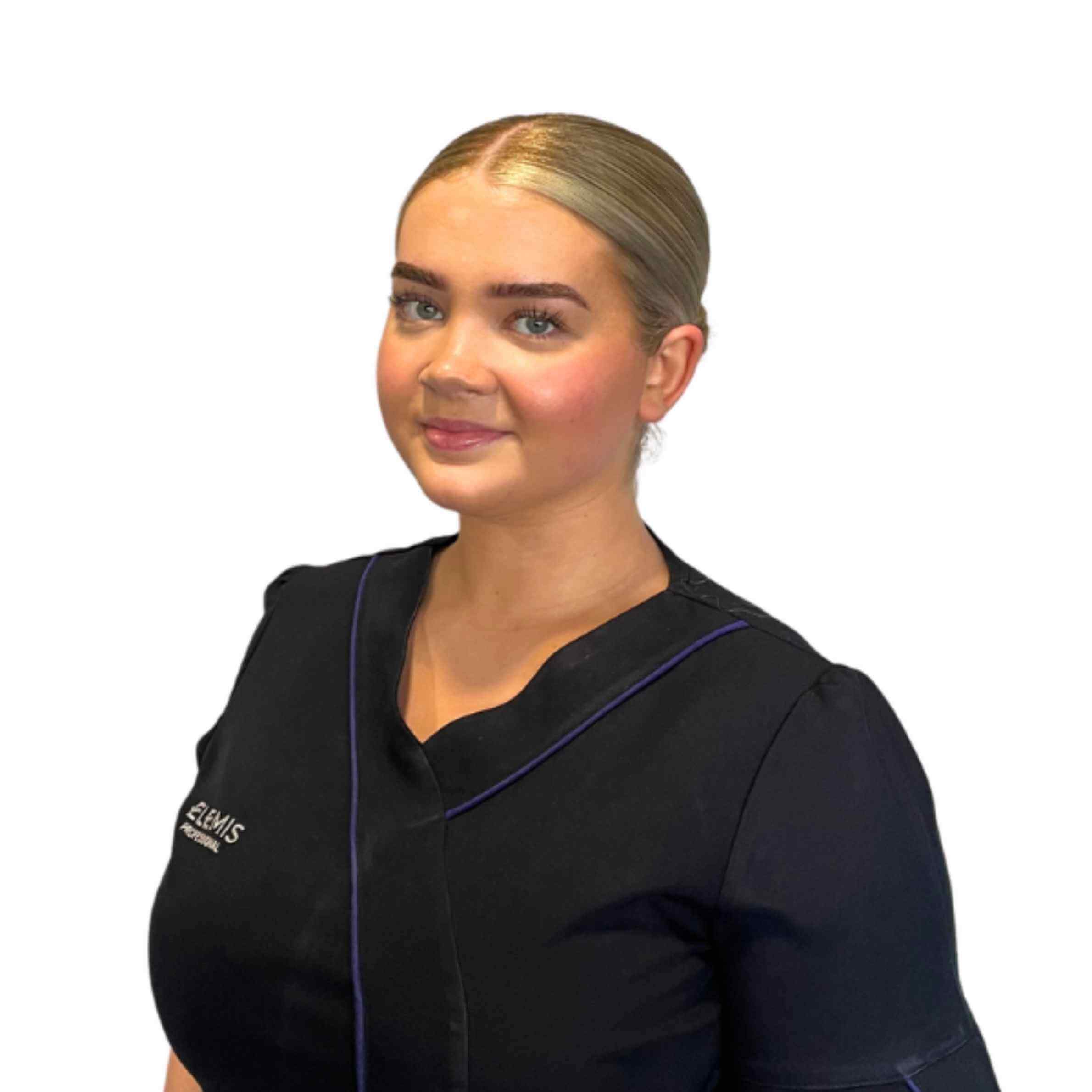 Woman wearing a black uniform with a visible brand logo on a white background