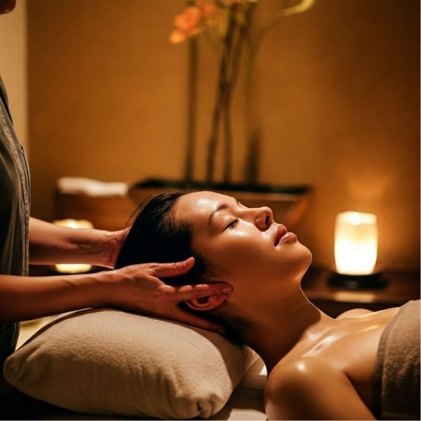 Person receiving a head massage in a spa setting with candles and flowers.