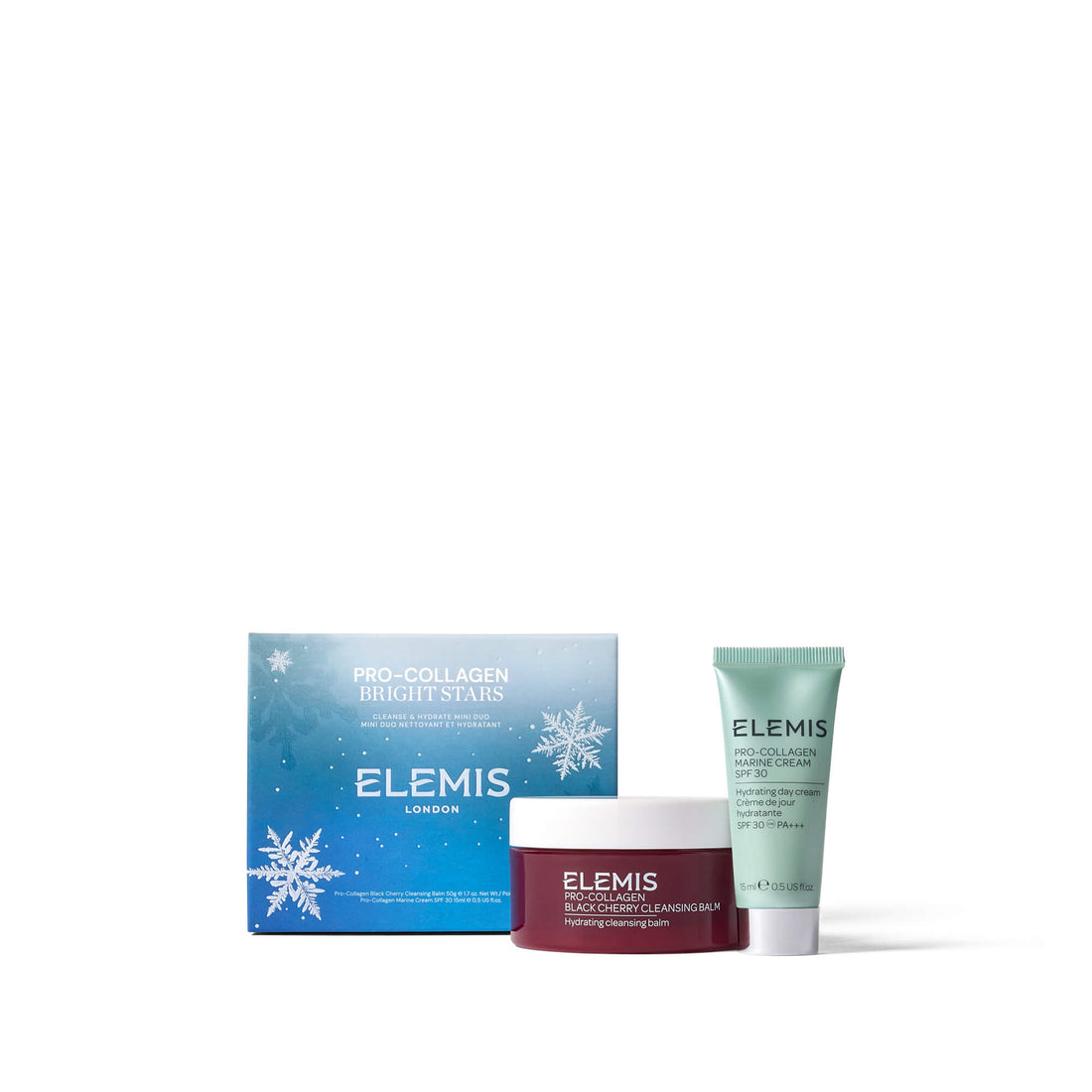Elemis skincare products including a cleansing balm, cream, and box on a white background