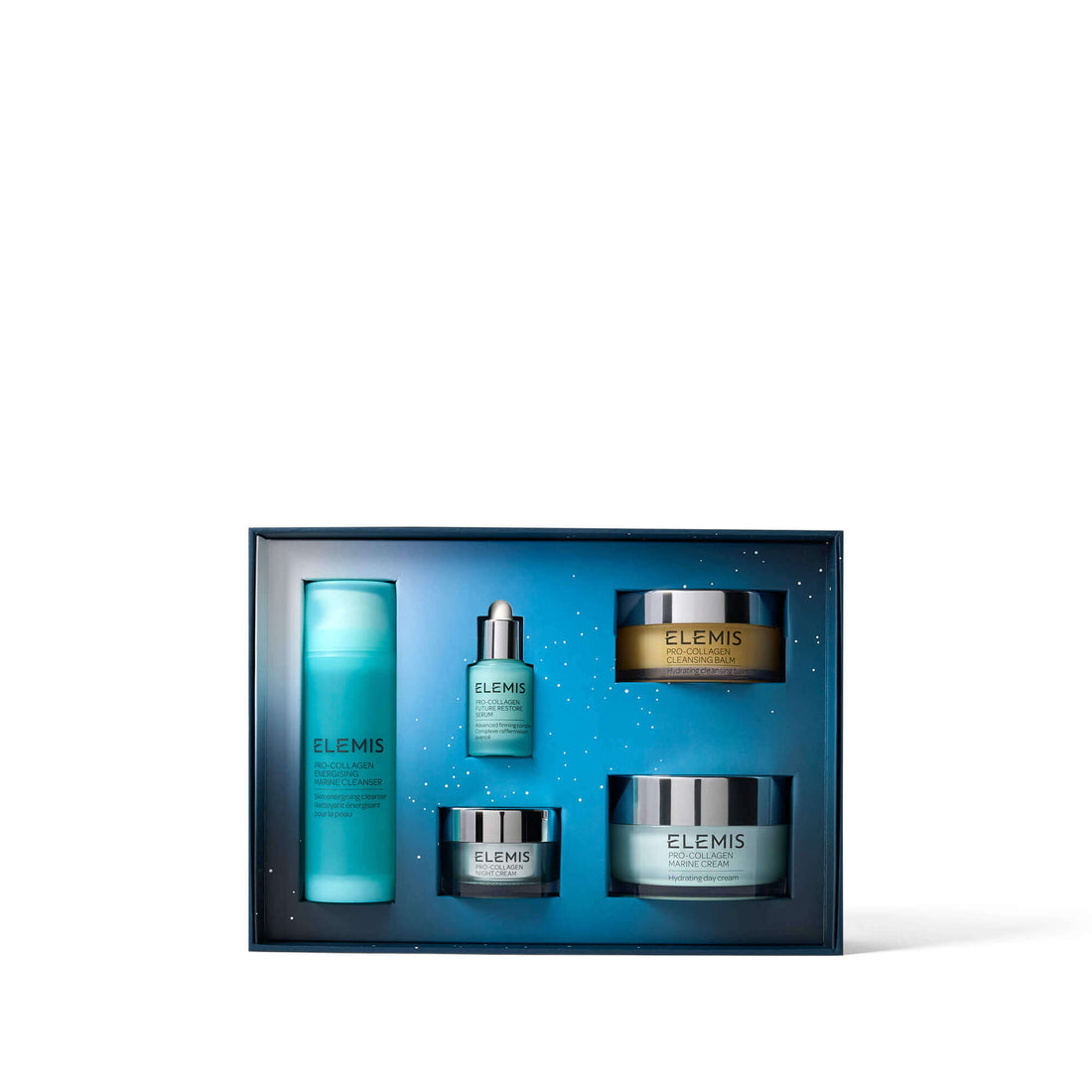 Elemis skincare product set in a box on a white background