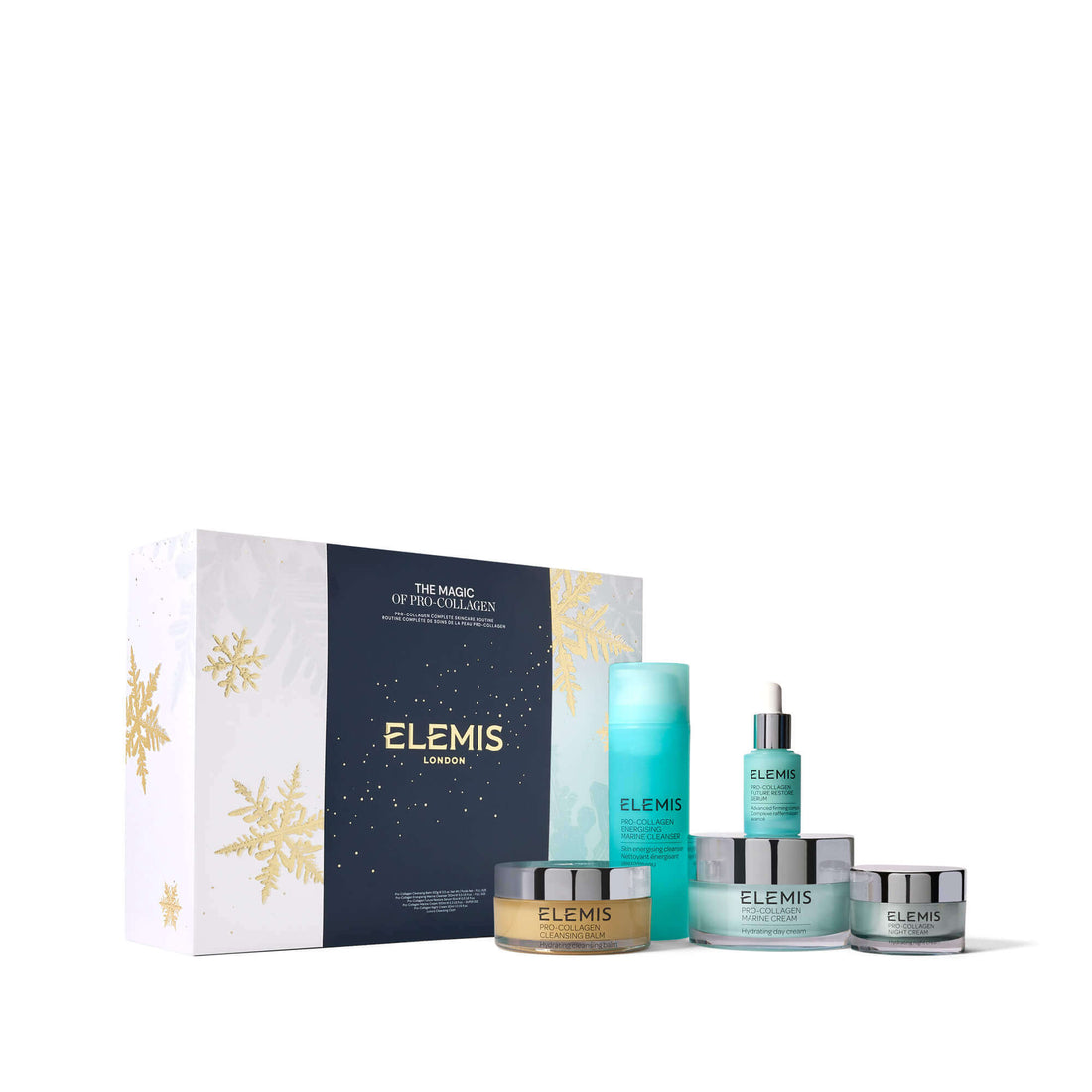 Elemis skincare product set with a decorative box on a white background