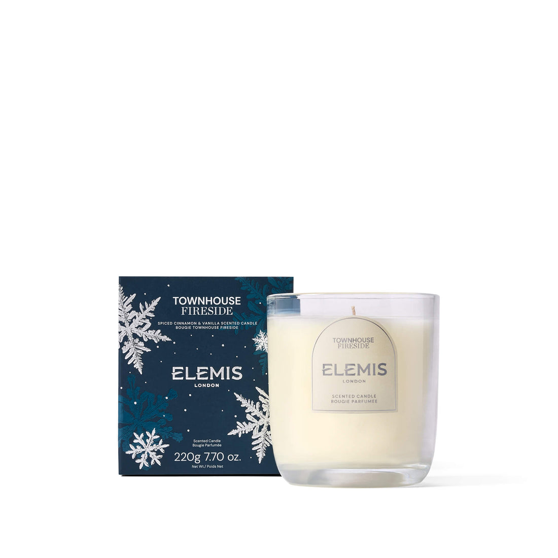 Elemis Townhouse Fireside candle with packaging on a white background