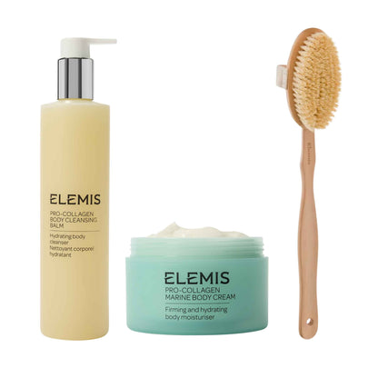 Elemis skincare products including a bottle, jar, and brush on a white background